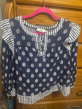 Vineyard Vines women Fleur De Leaf Quilted Blouse  Ruffle Nautical Coastal Large